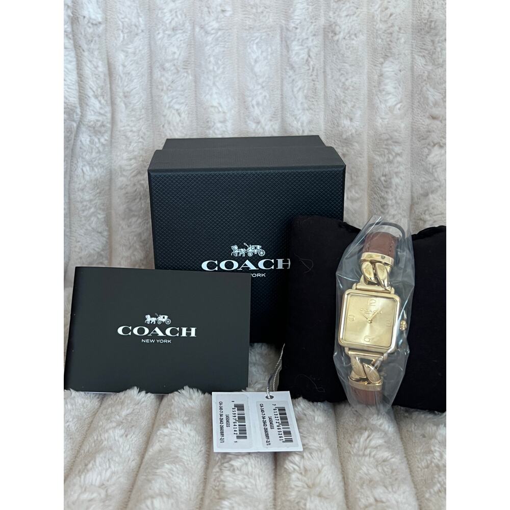 Coach Cass Women's 2H Quartz Watch brown Saddle leather band gold chain NWT